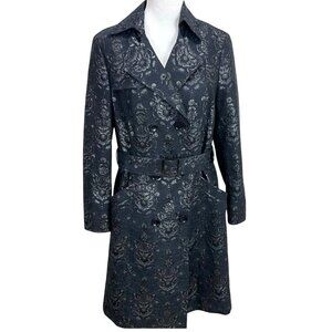 W By Worth Small Navy & Silver Brocade Belted Long Trench Coat Jacket NWT